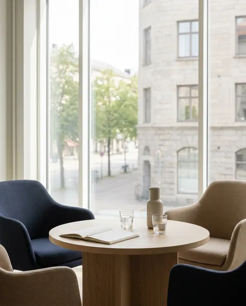 Ljust mötesrum med utsikt över Göteborg